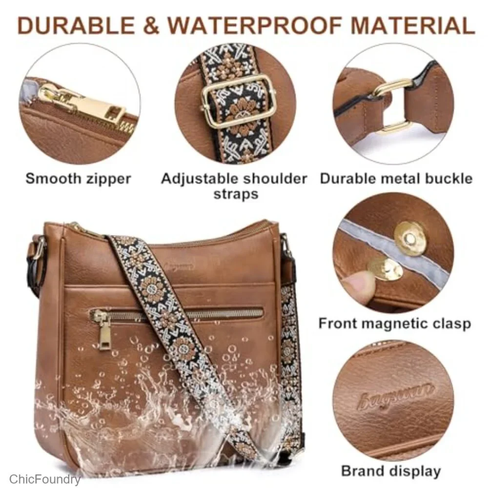 Vegan Leather Crossbody Bag with Adjustable Strap, Multiple Pockets